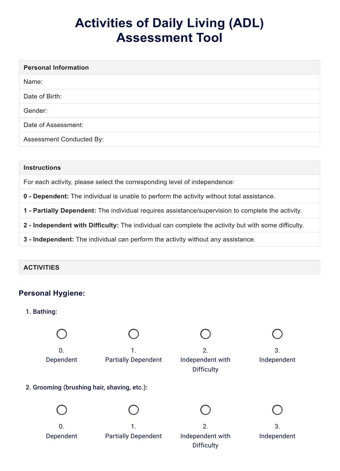 ADL Assessment Tool PDF Example