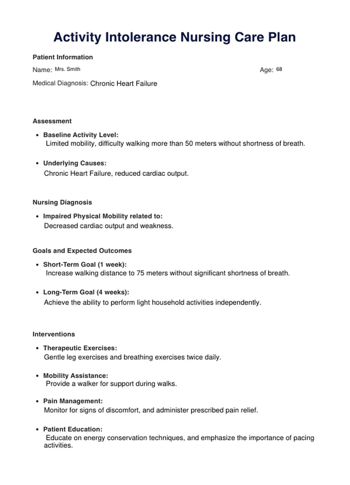 Activity Intolerance Nursing Care Plan PDF Example