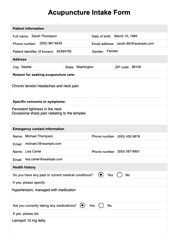 Acupuncture Intake Form PDF Example