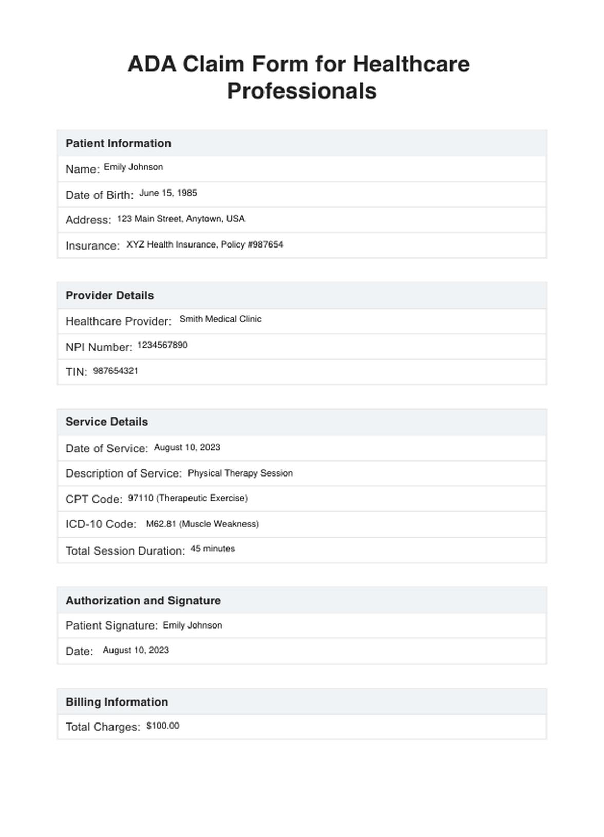 ADA Claim Forms PDF Example