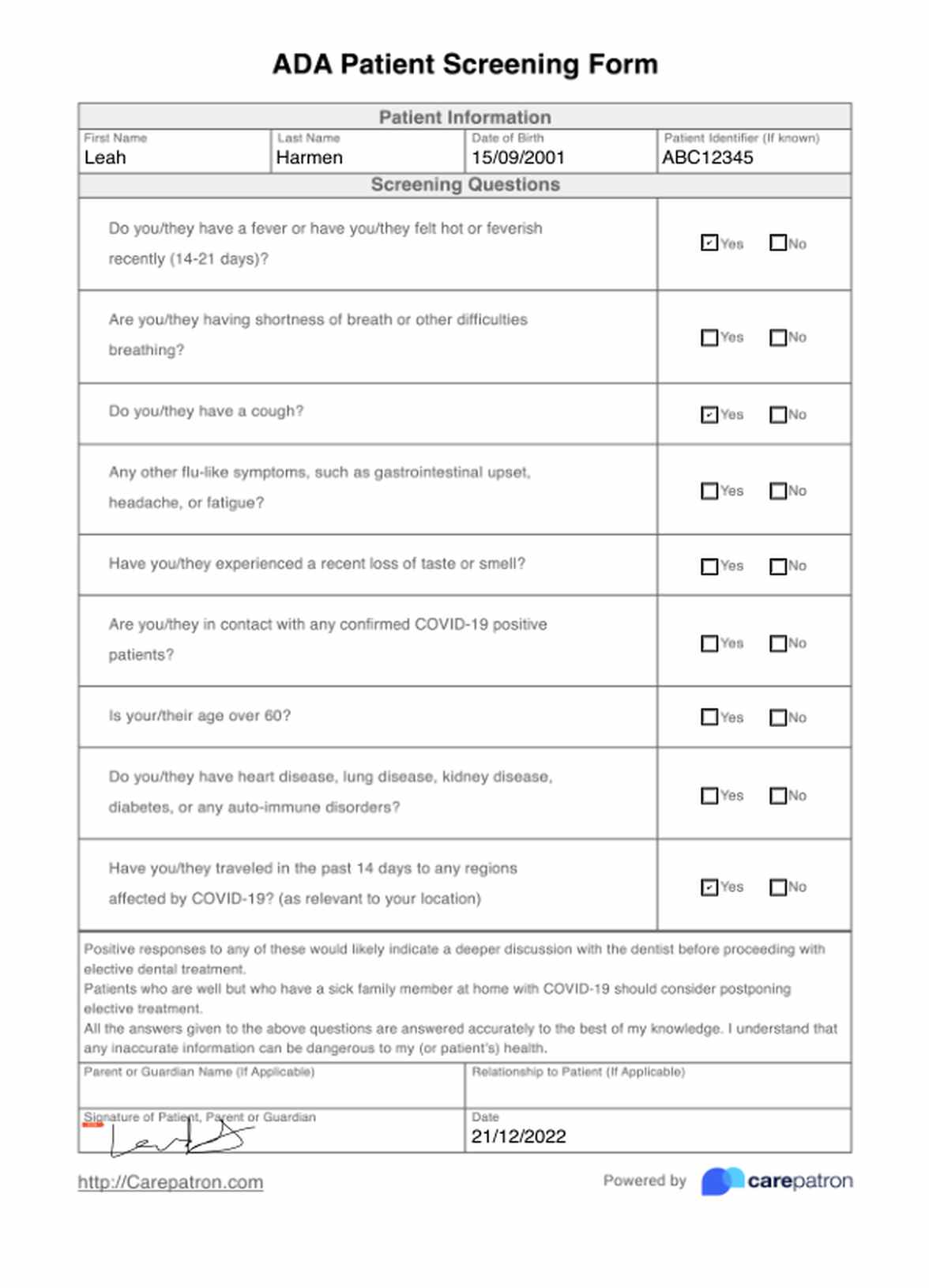 ADA Patient Screening Form PDF Example