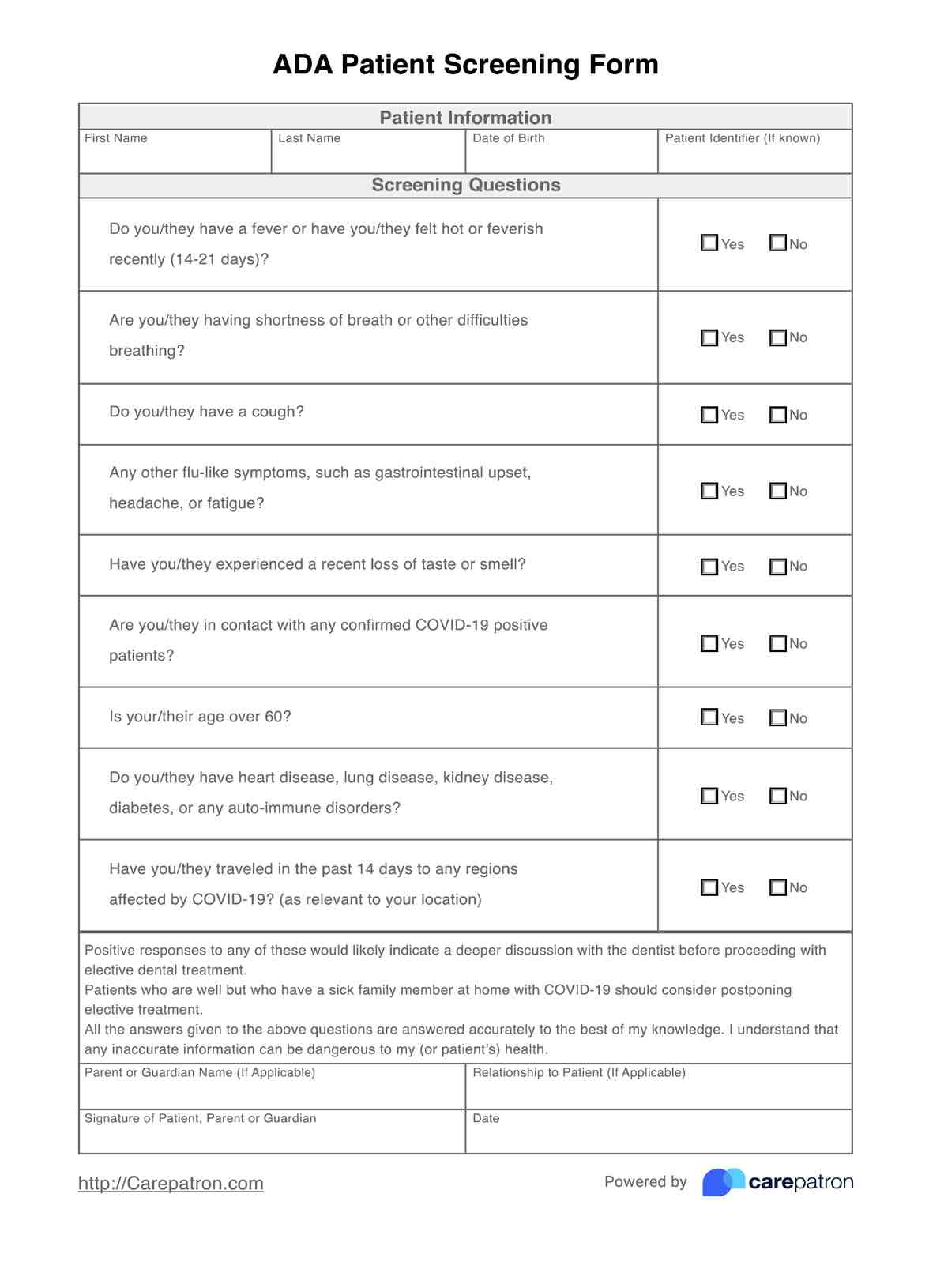 ADA Patient Screening Form PDF Example