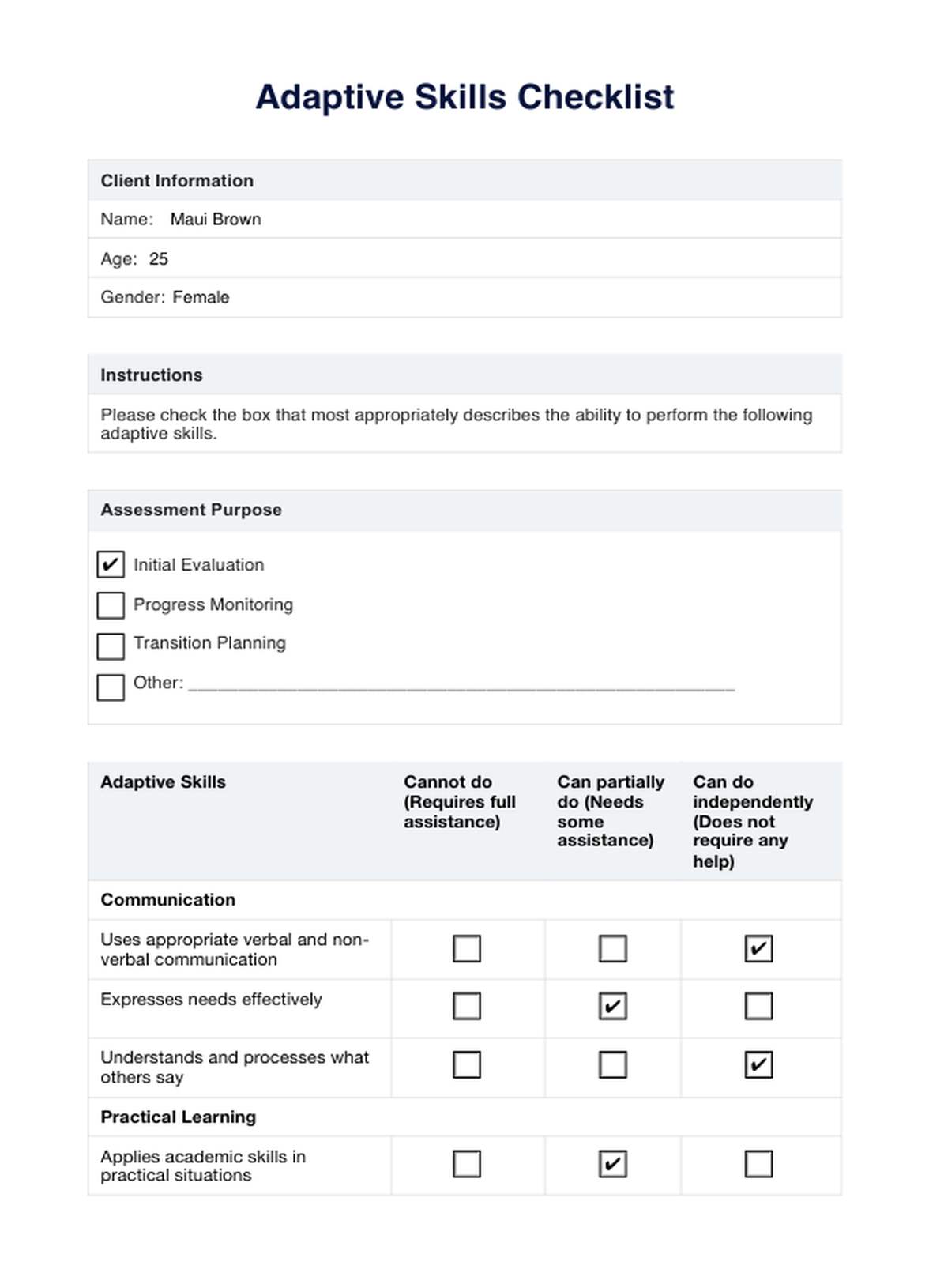 Adaptive Skills Checklist PDF Example