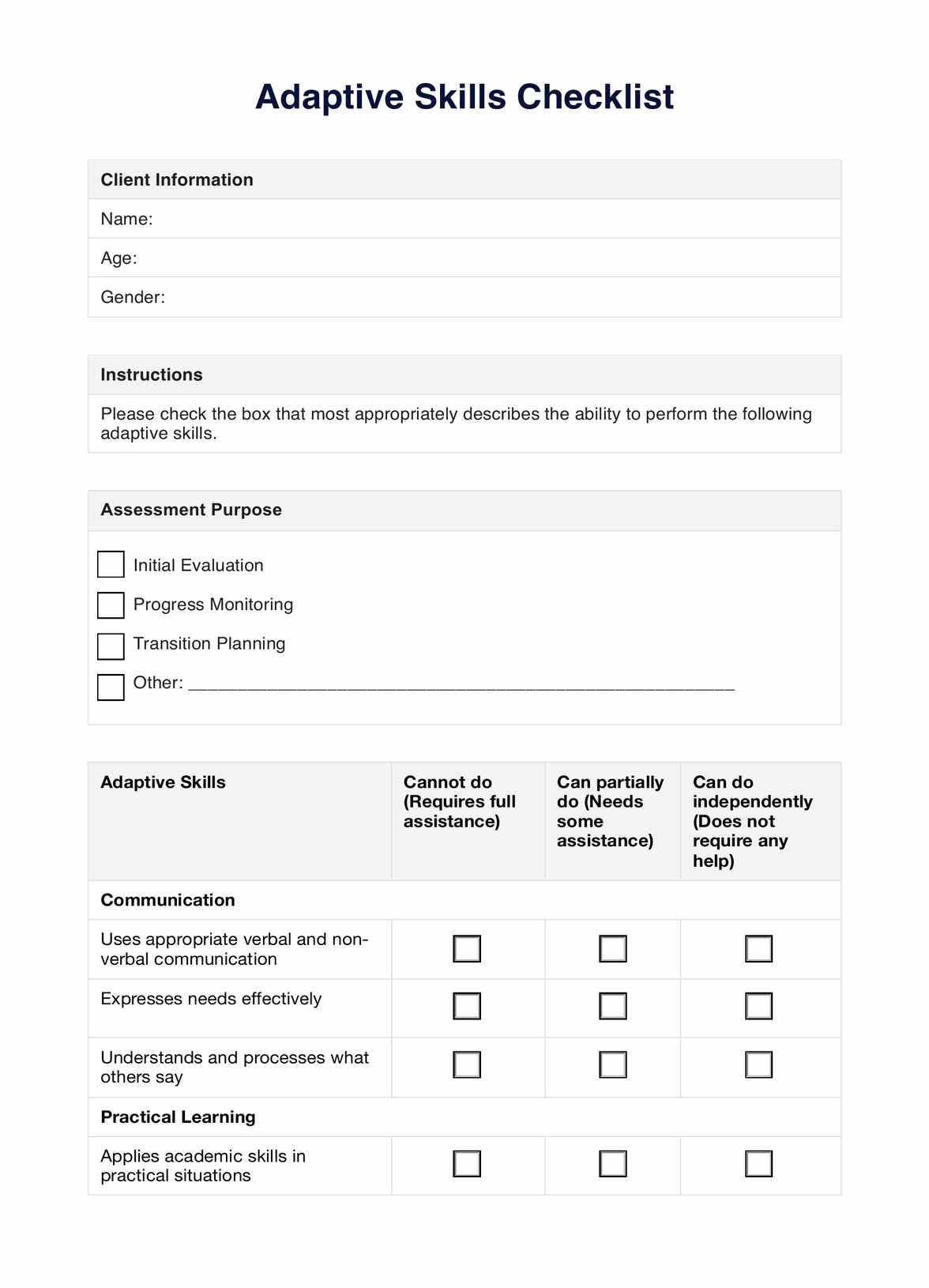 Adaptive Skills Checklist PDF Example