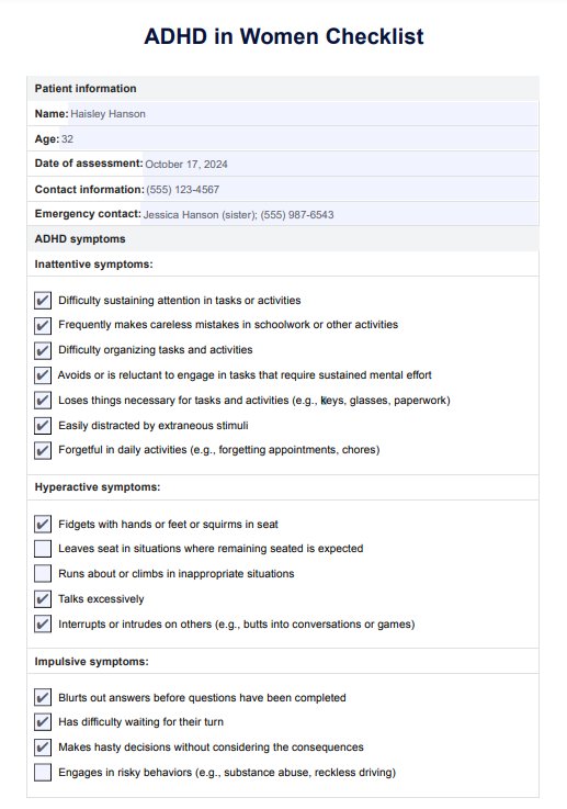 Checklist de TDAH en mujeres (trastorno por déficit de atención con hiperactividad) PDF Example