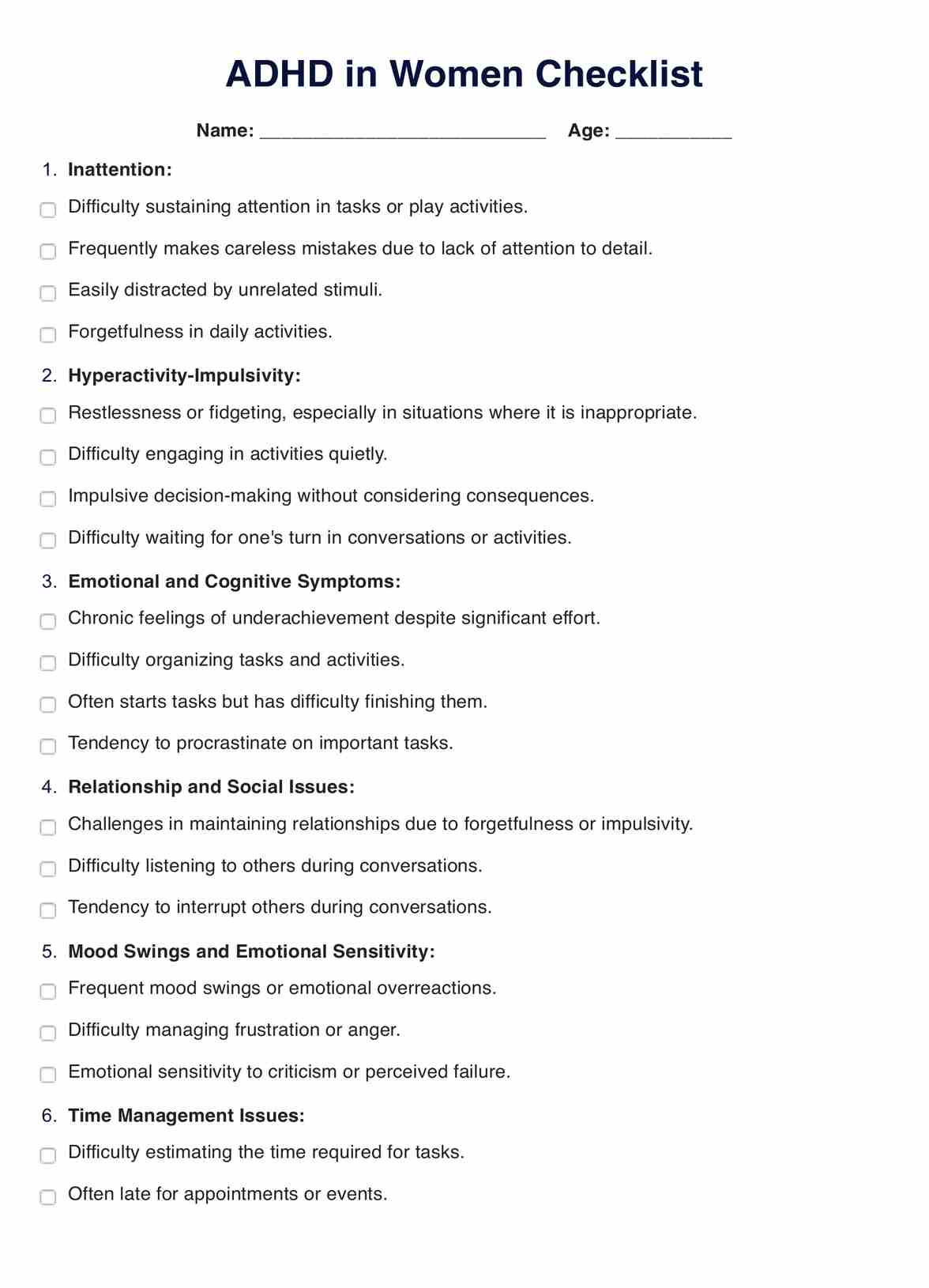 ADHD in Women Checklist PDF Example
