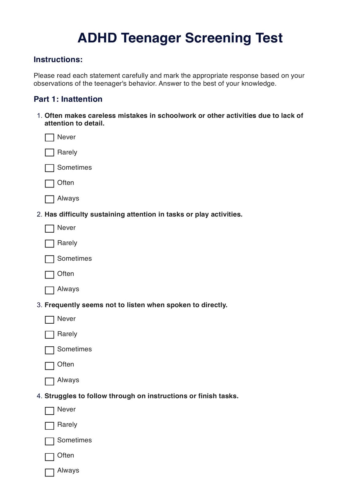 ADHD Teenager Test PDF Example