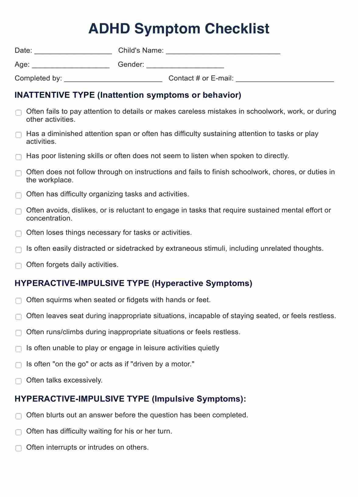 ADHD Symptom Checklist PDF Example