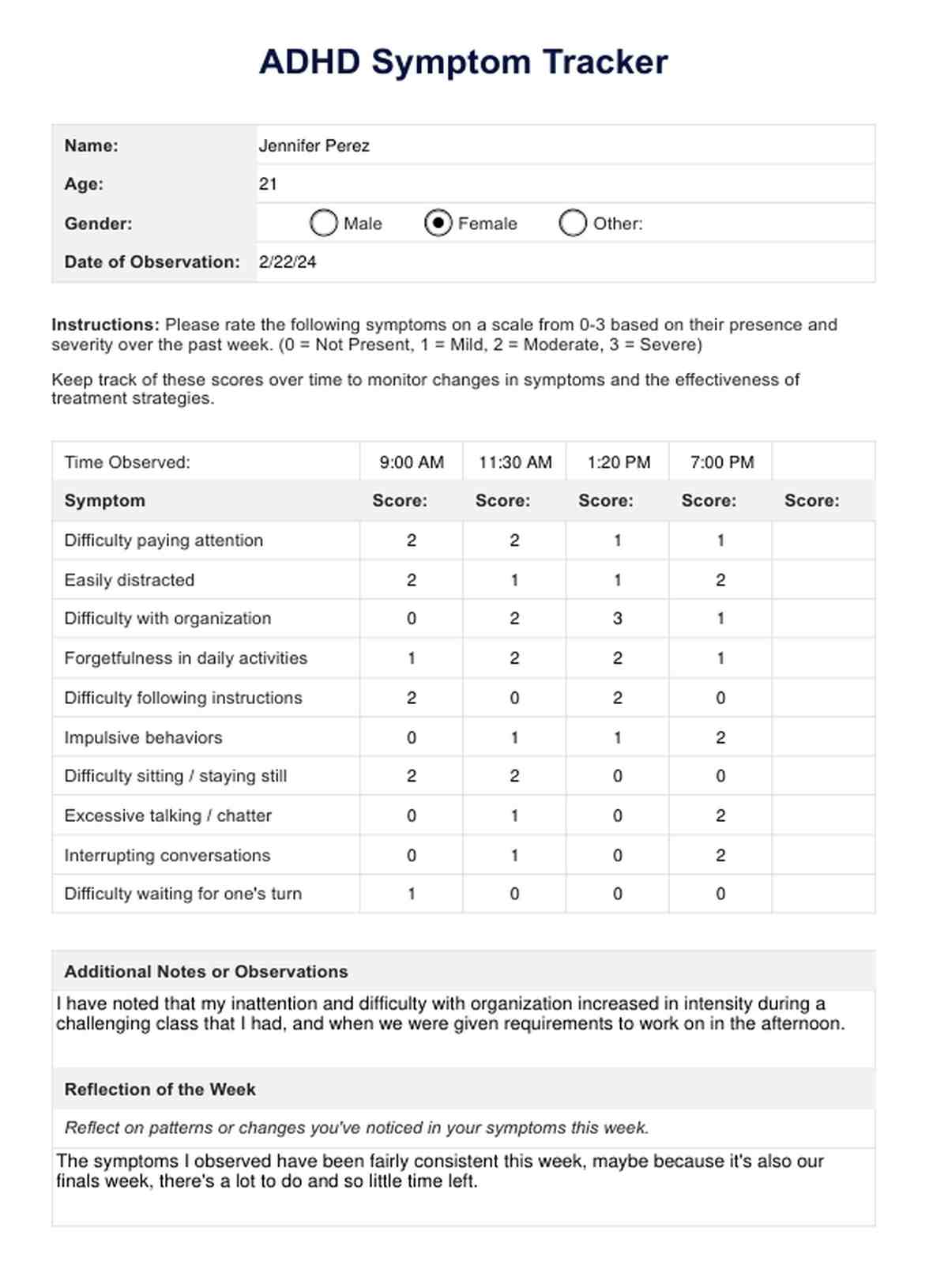 ADHD Symptom Tracker PDF Example