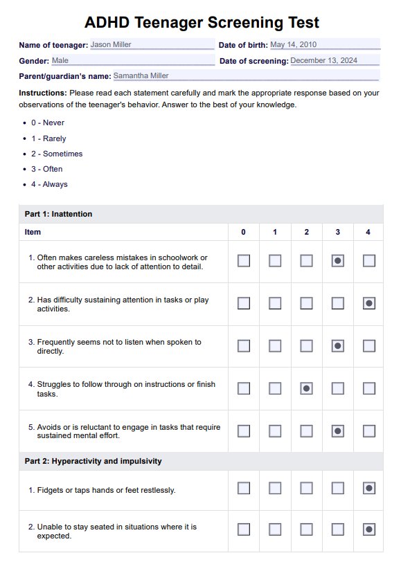 Test de TDAH adolescente (trastorno por déficit de atención con hiperactividad) PDF Example