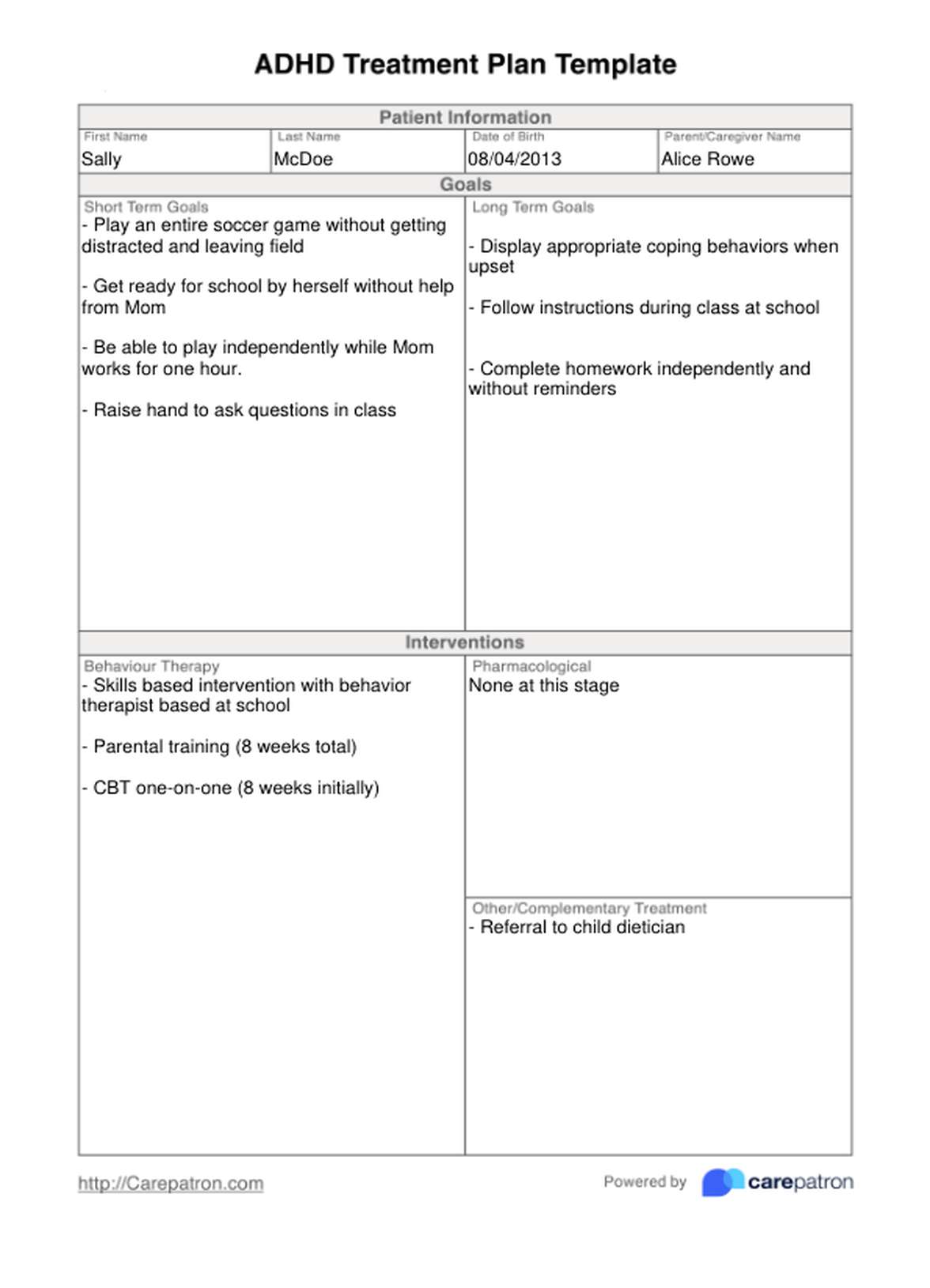 ADHD Treatment Plan Template PDF Example