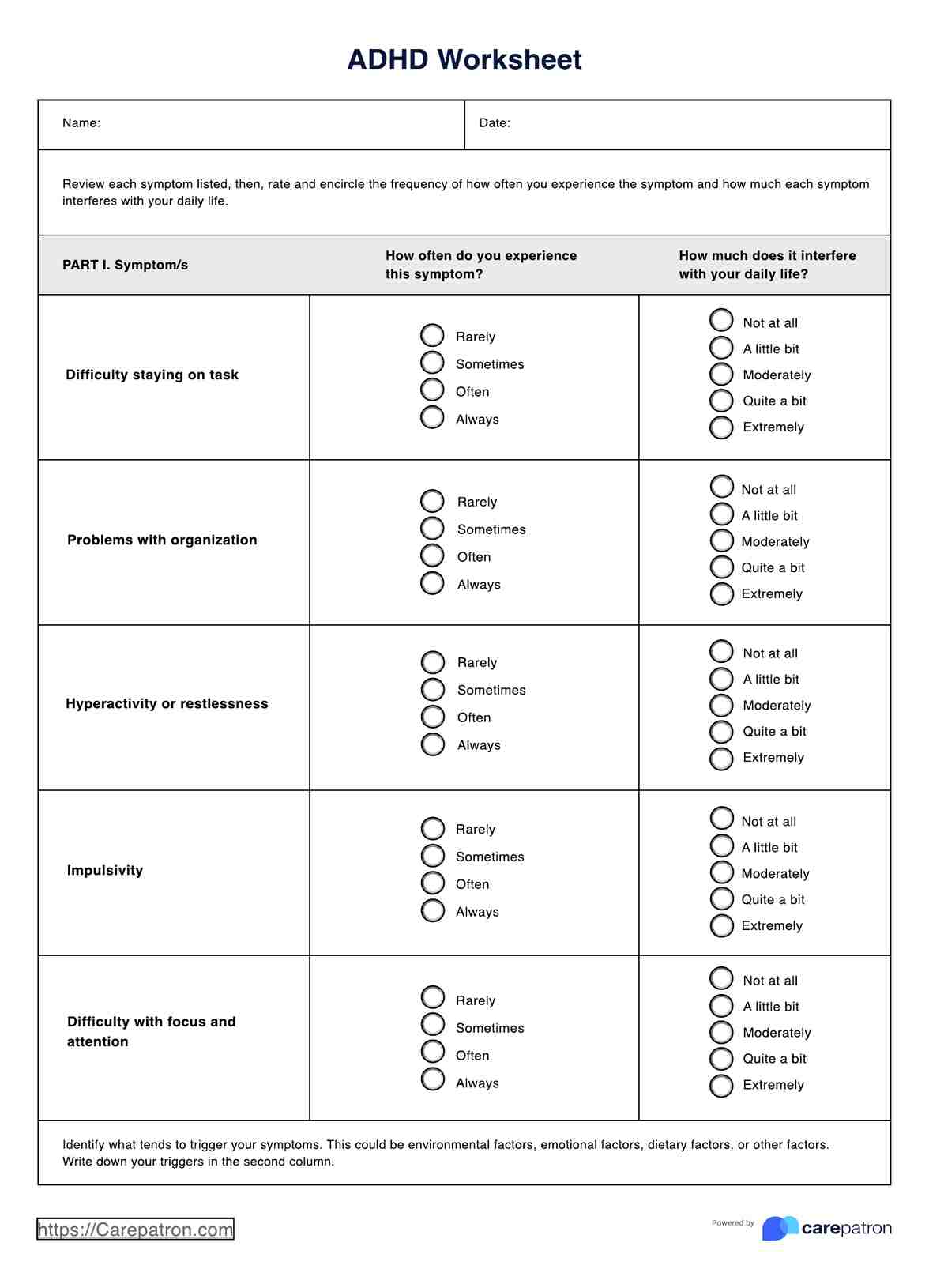 ADHD Worksheets PDF Example