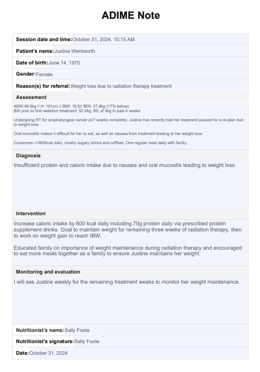 Nota ADIME - análisis, diagnóstico nutricional, intervención, monitorización, evaluación - plantilla PDF Example