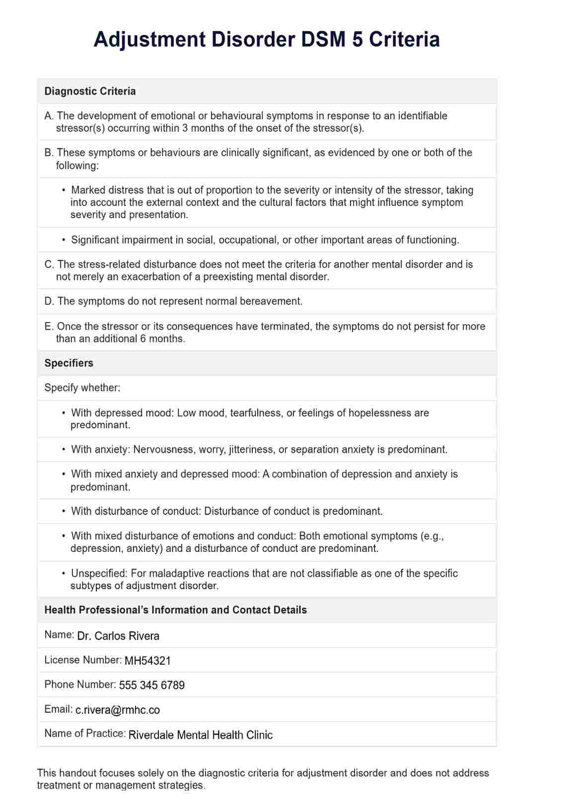 Adjustment Disorder DSM 5 Criteria PDF Example
