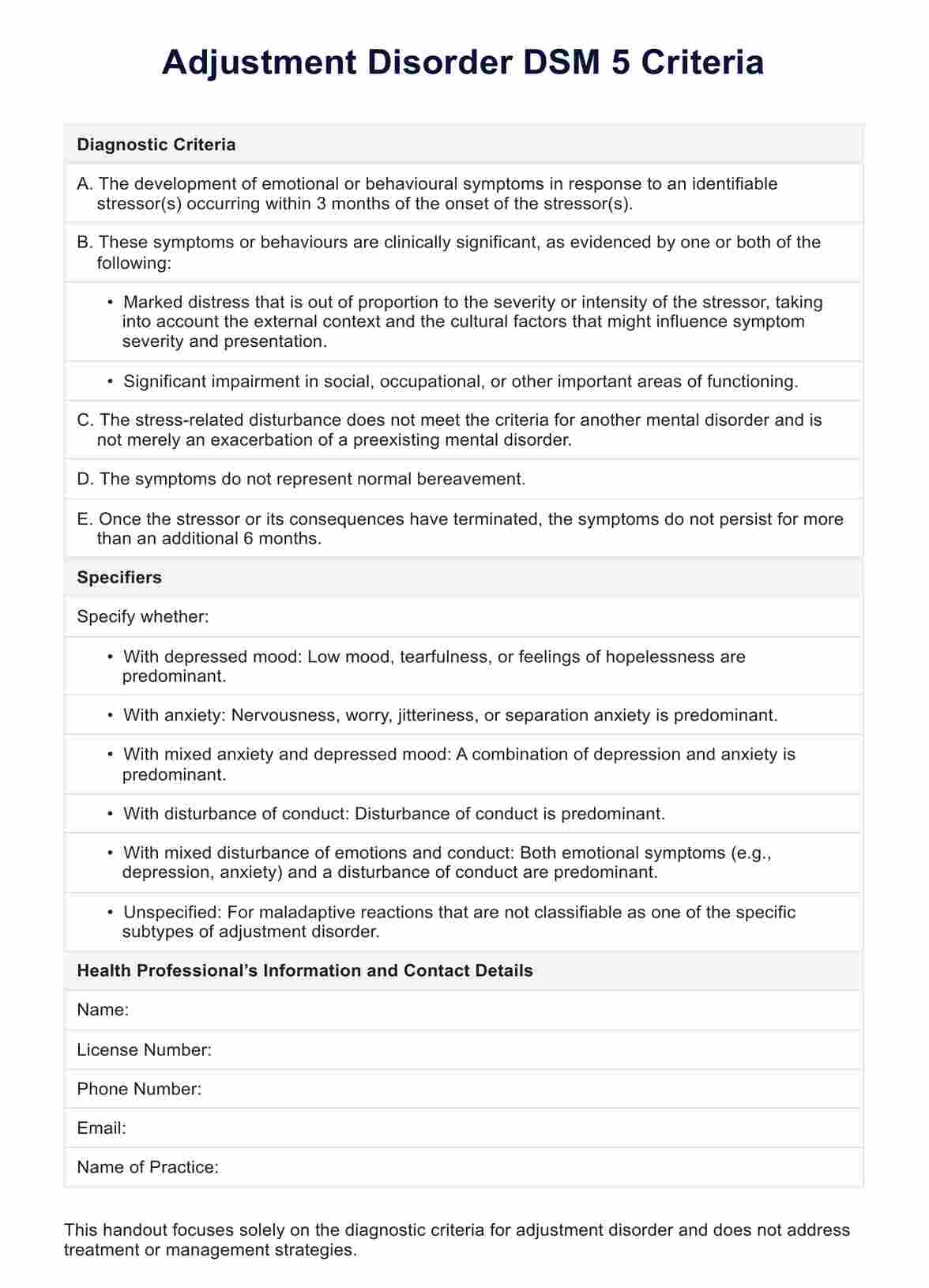 Adjustment Disorder DSM 5 Criteria PDF Example