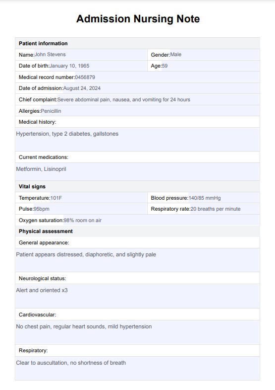 Nota de admissão de enfermagem PDF Example