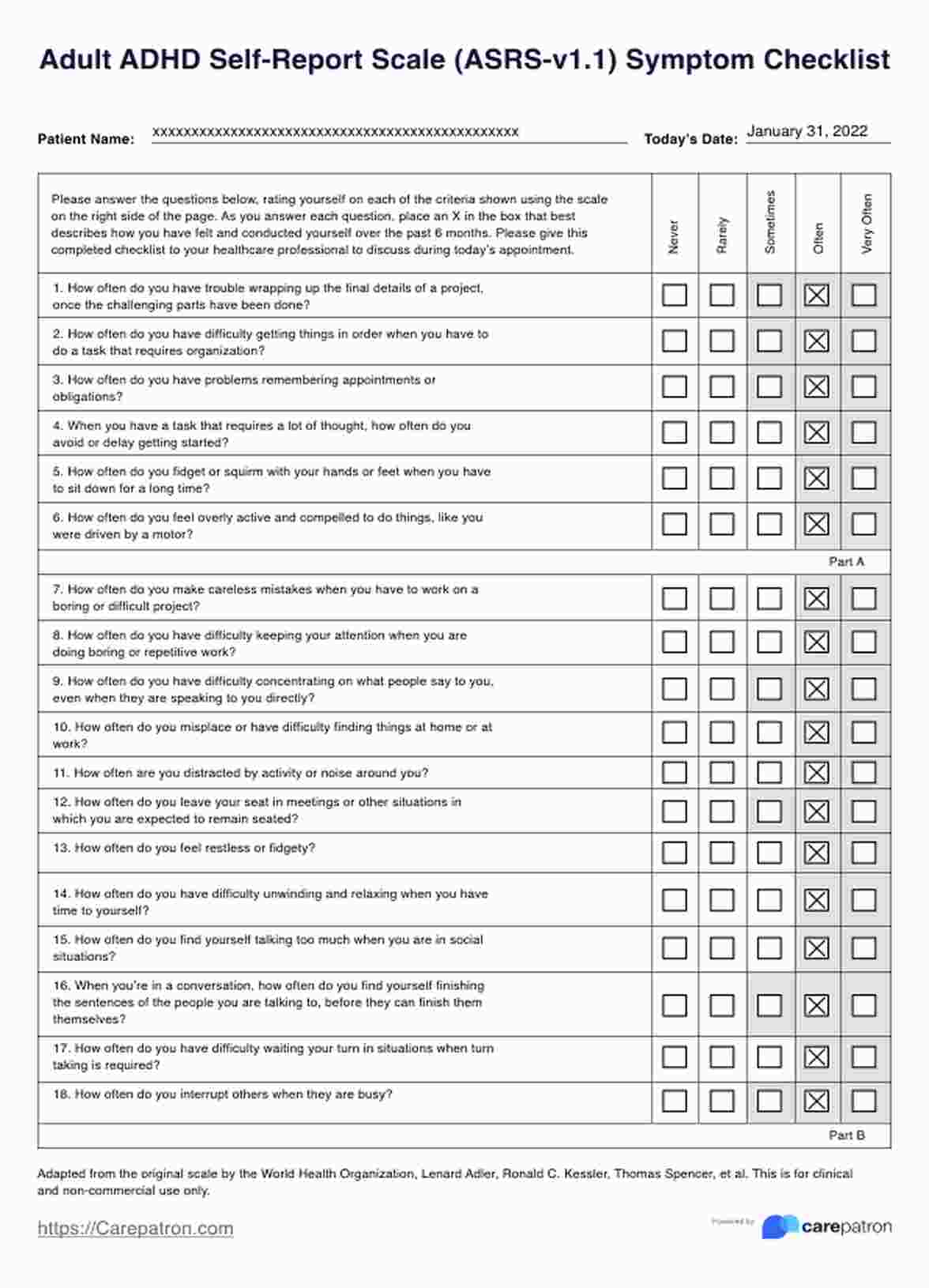 Adult ADHD Self-Report Scale PDF Example