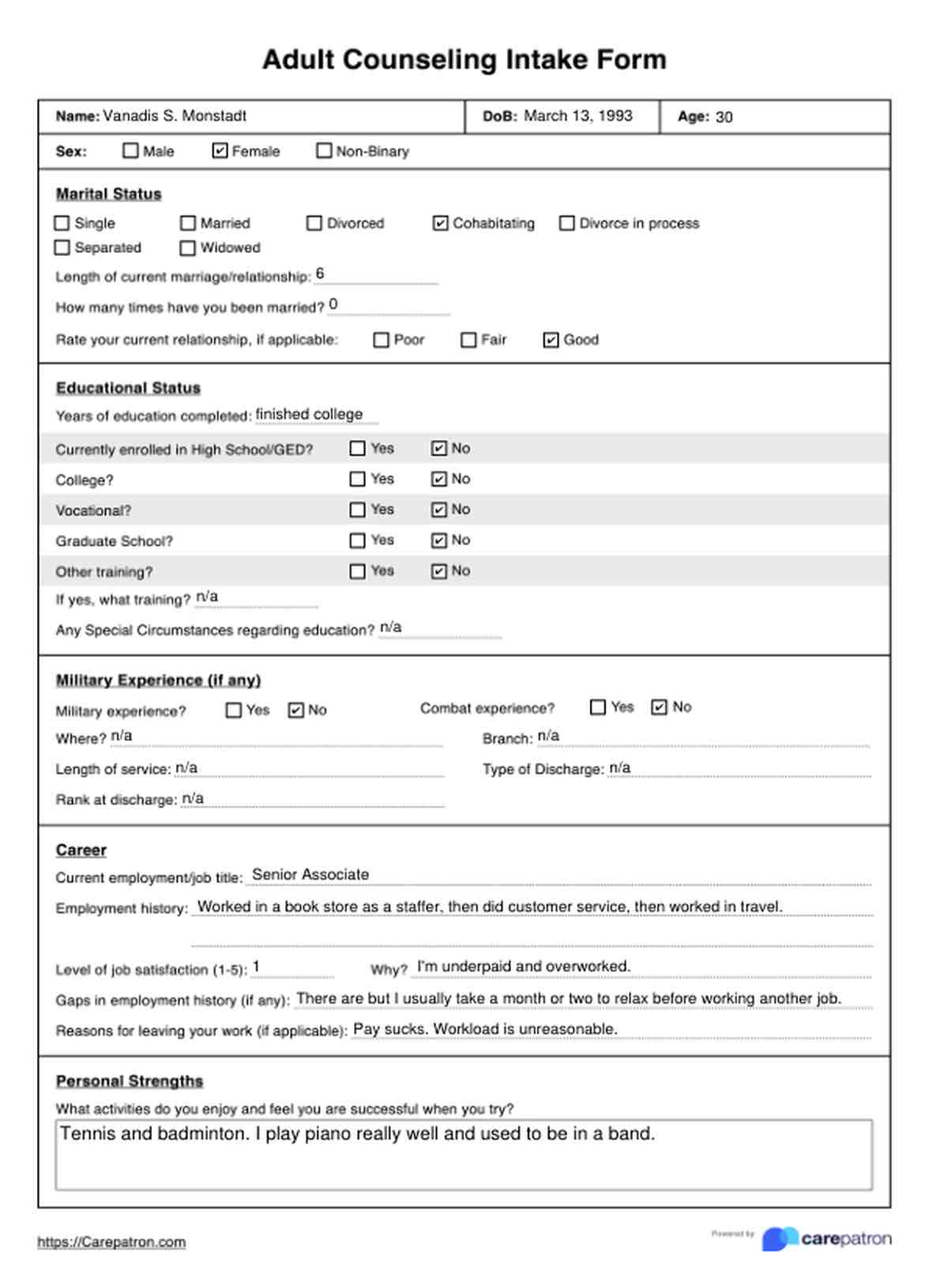 Adult Counseling Intake Form PDF Example