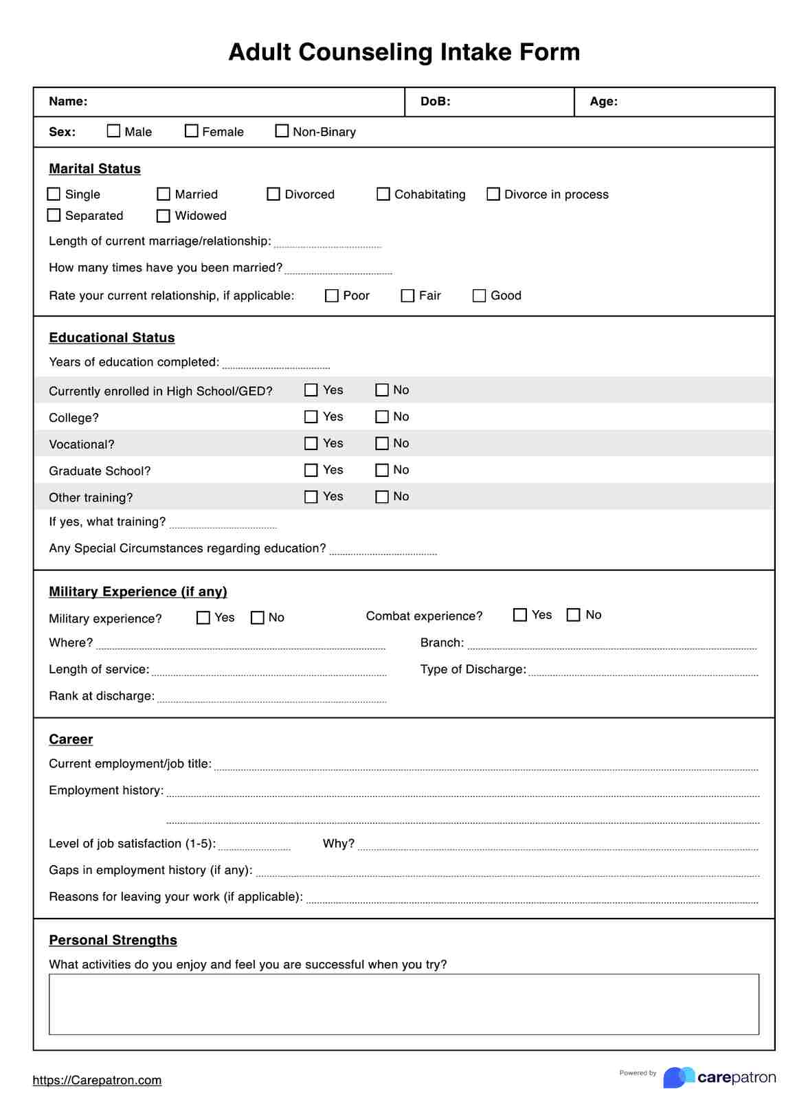 Adult Counseling Intake Form PDF Example