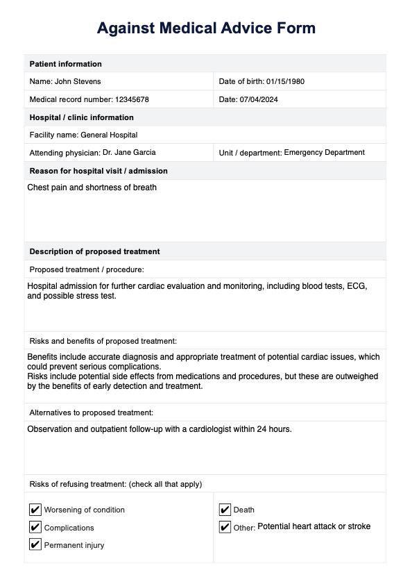 Against Medical Advice Form PDF Example