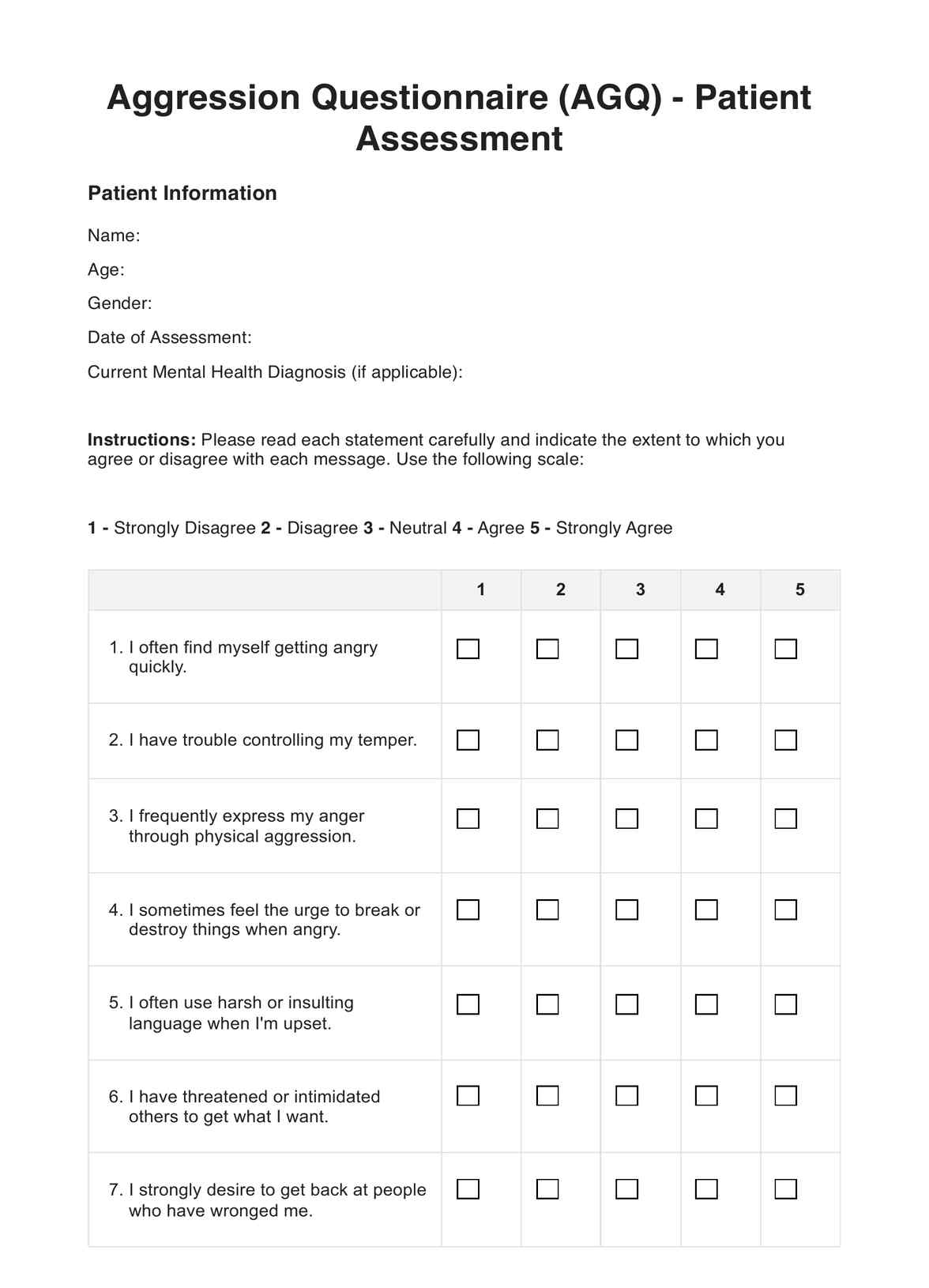 Aggression Questionnaire PDF Example