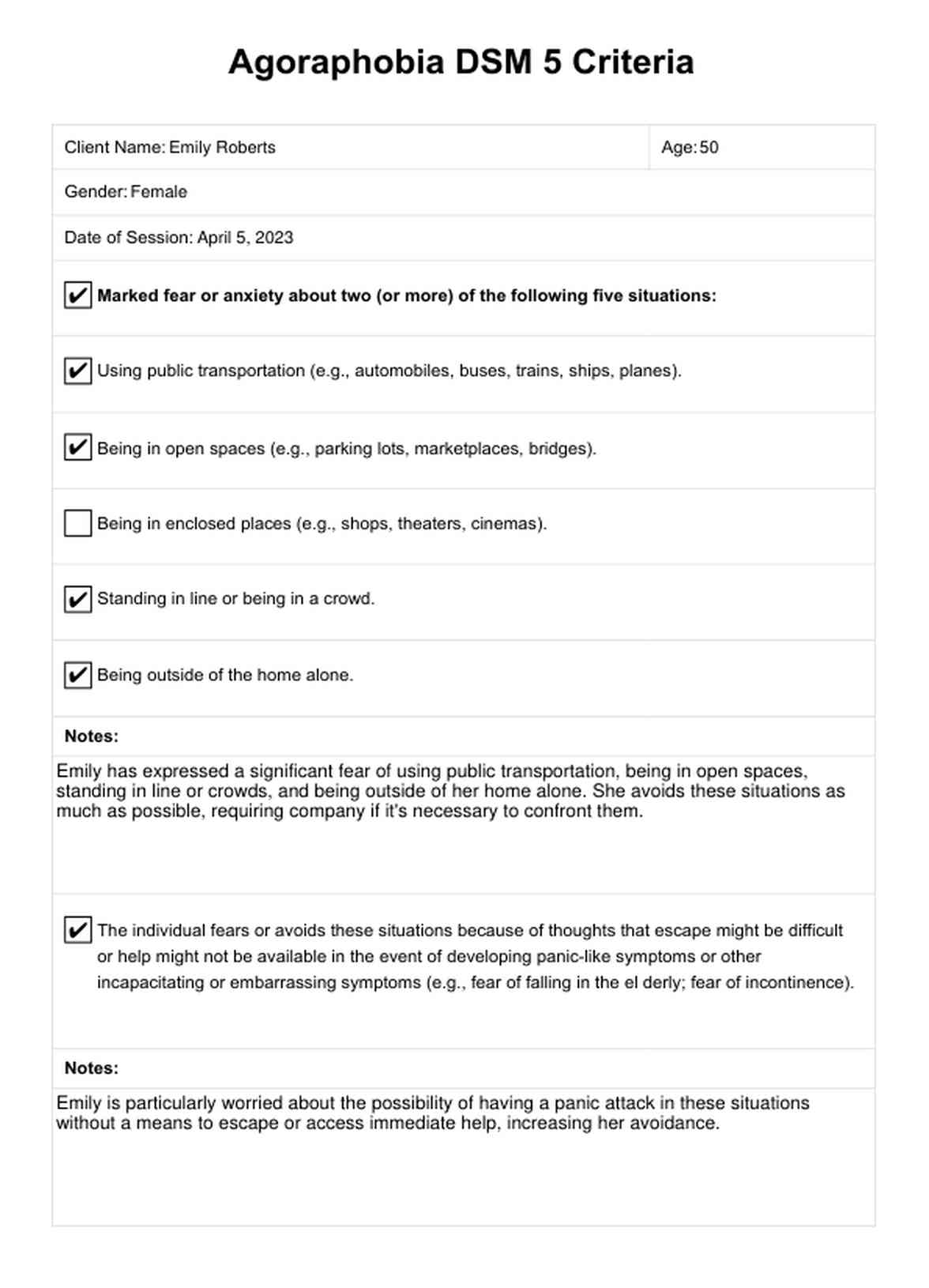 Agoraphobia DSM 5 Criteria PDF Example