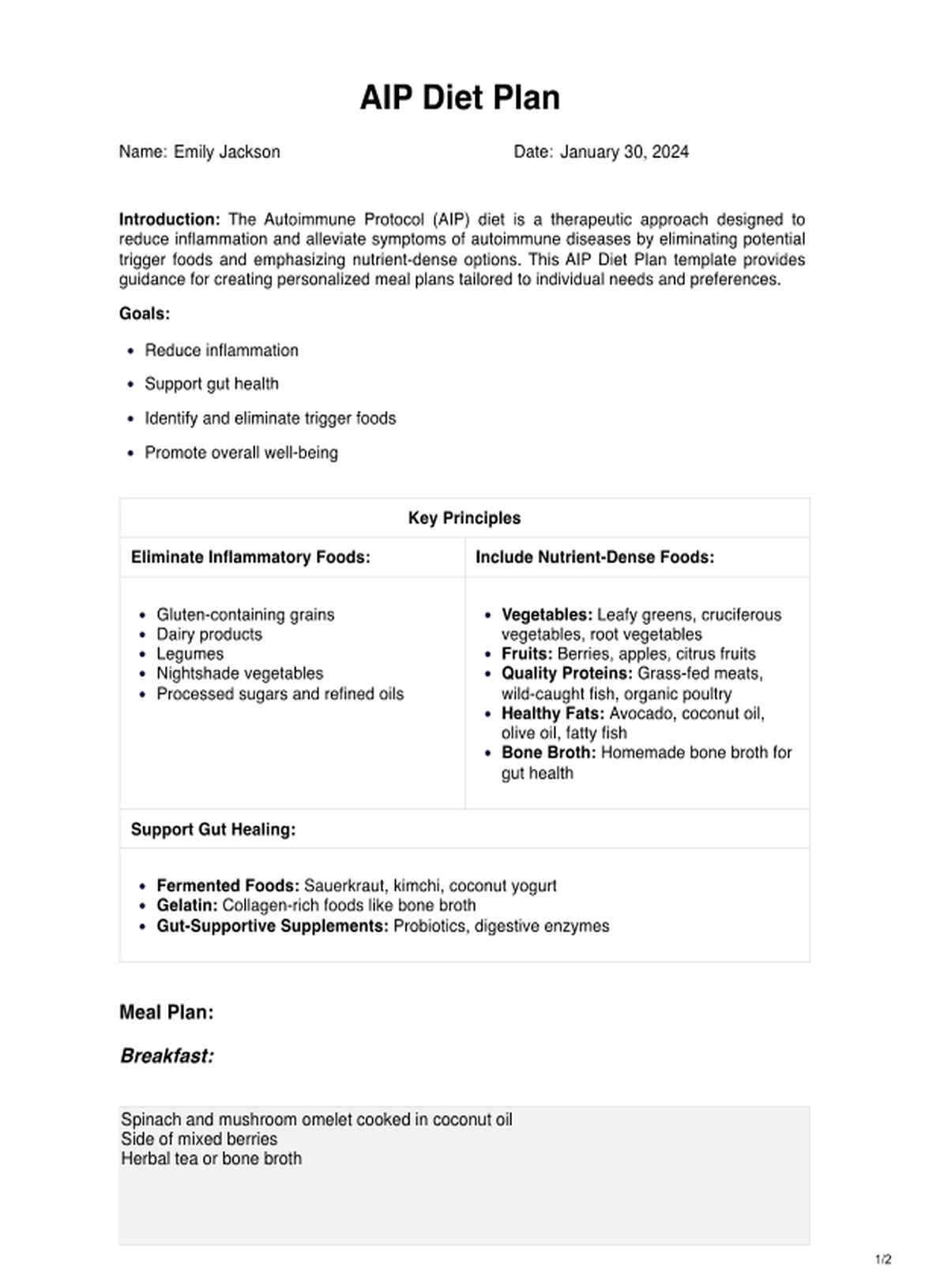 AIP Diet Plan PDF Example