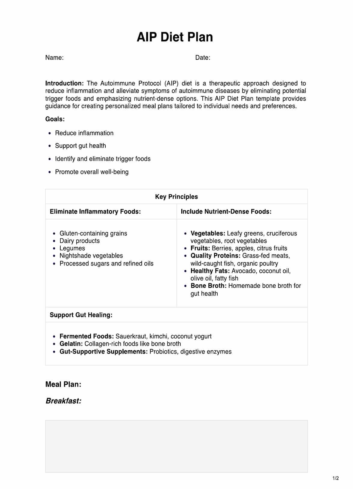 AIP Diet Plan PDF Example