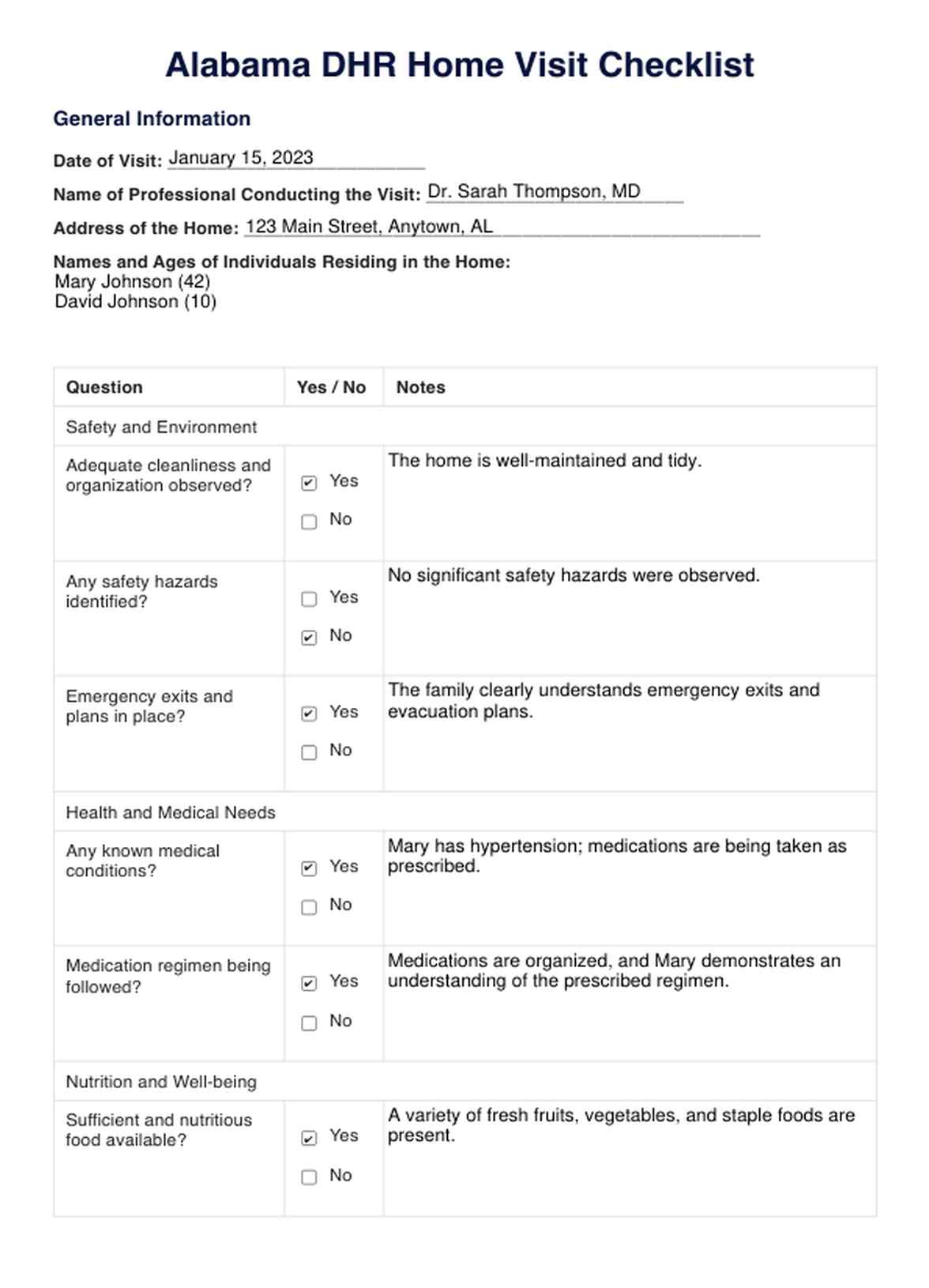 Alabama DHR Home Visit Checklist PDF Example