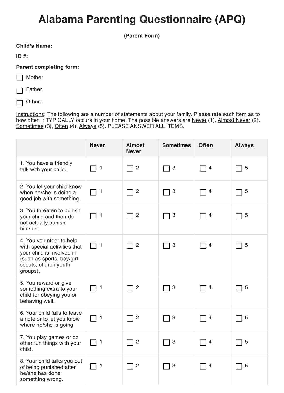 Alabama Parenting Questionnaire PDF Example