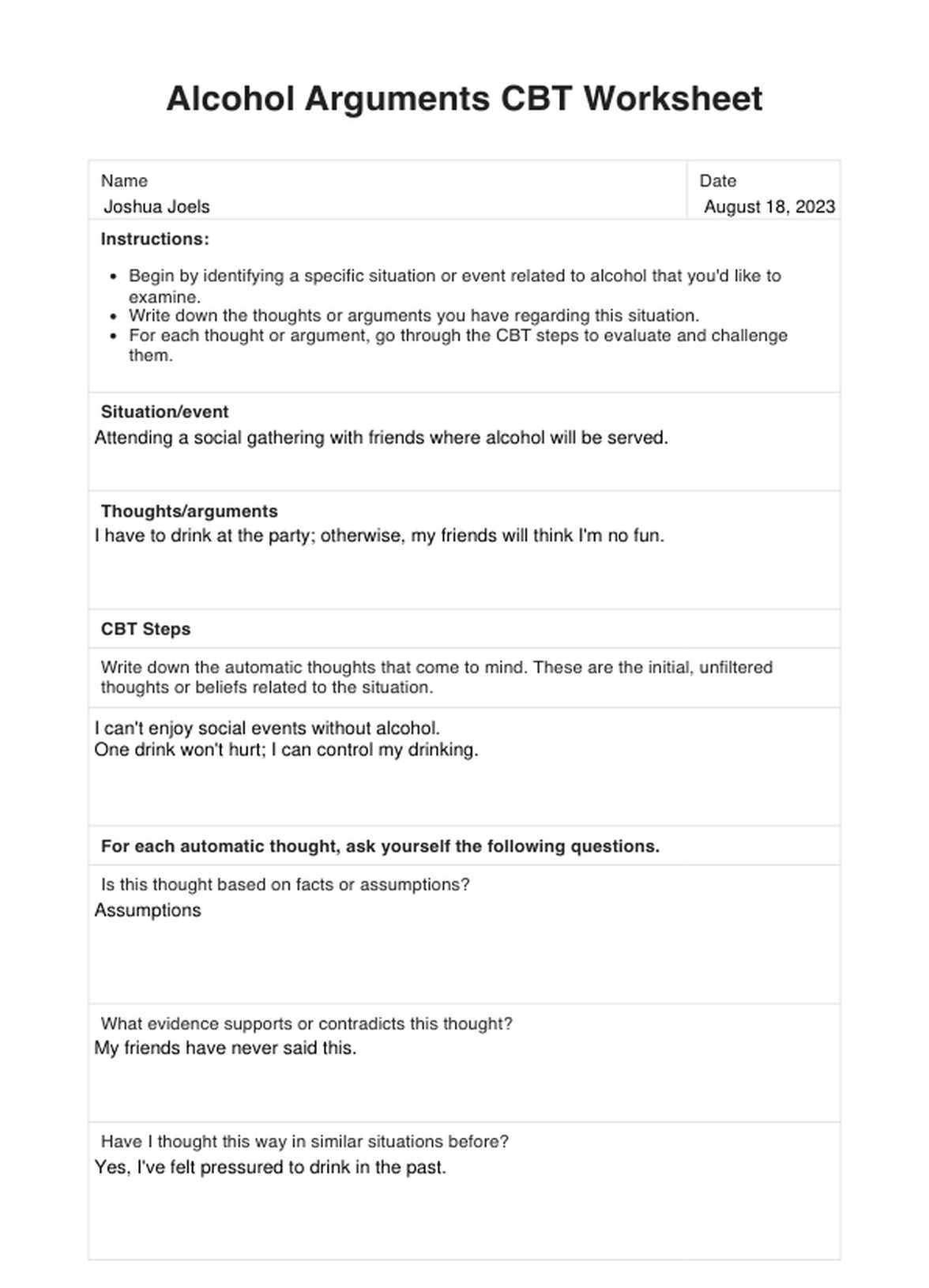 Alcohol Arguments CBT Worksheets PDF Example