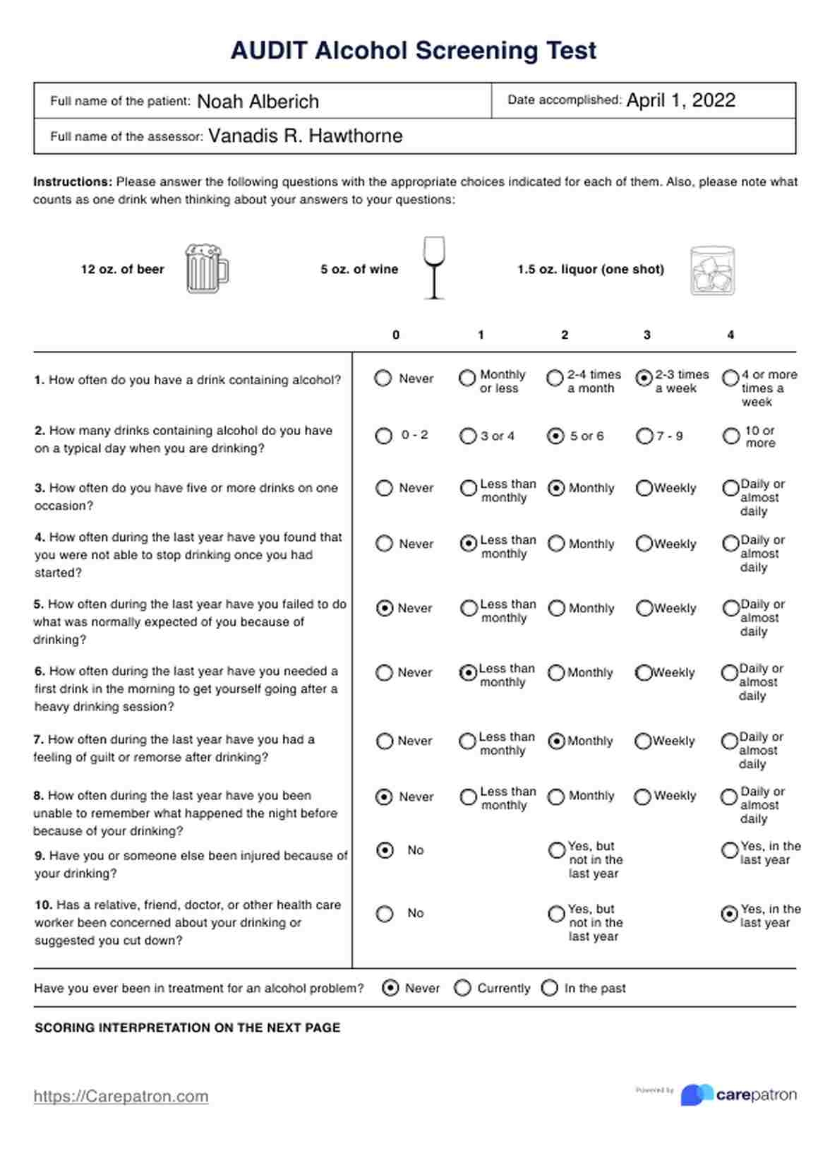 Alcohol Screening Test (AUDIT) PDF Example