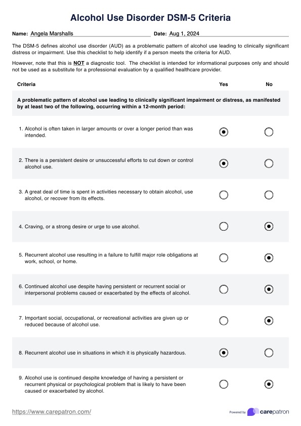 Alcohol Use Disorder DSM-5 Criteria PDF Example