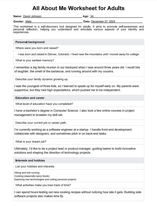 All About Me Worksheet for Adults PDF Example