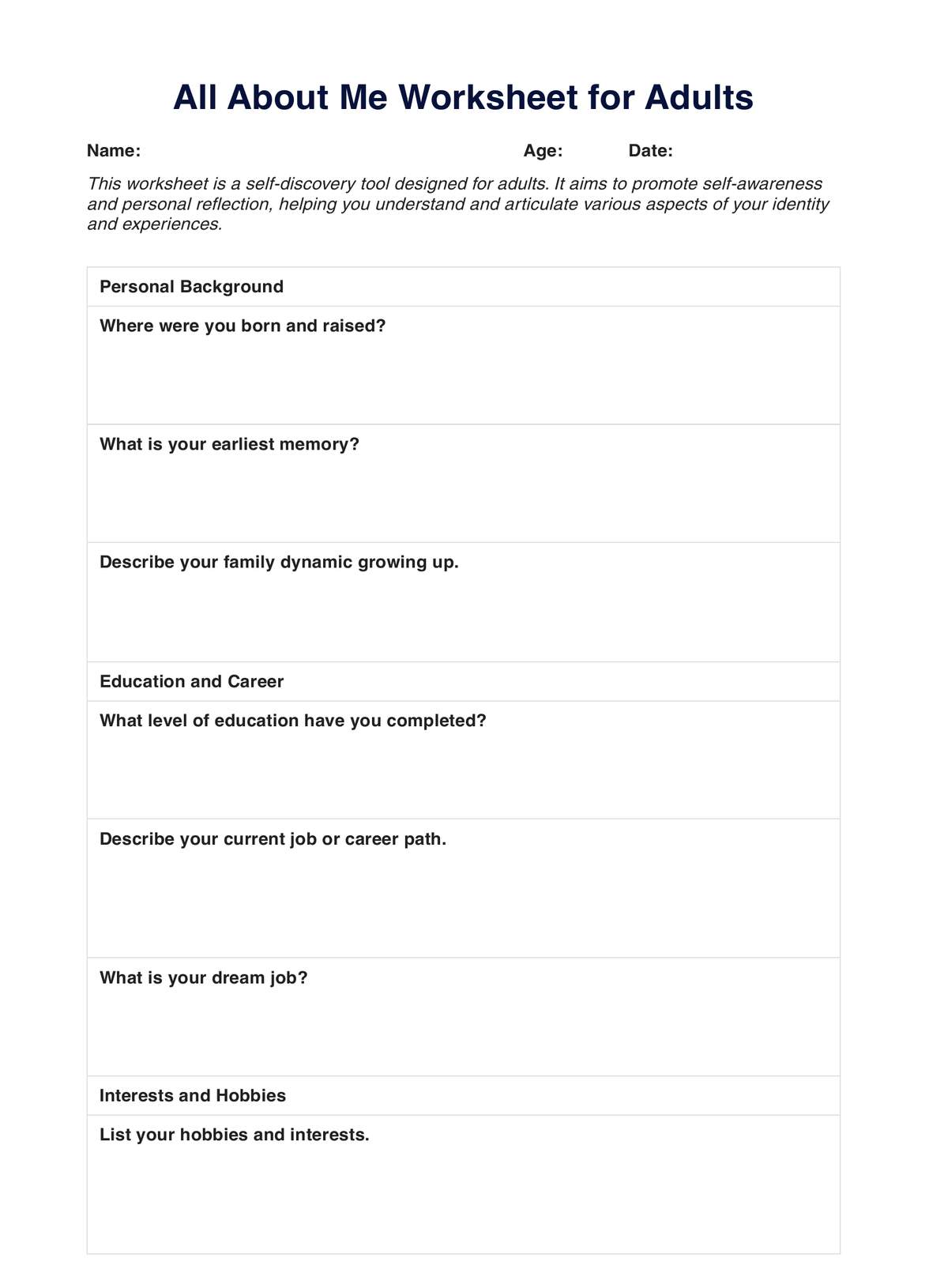All About Me Worksheet for Adults PDF Example