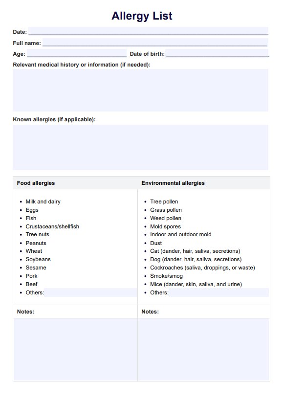 Allergy List PDF Example