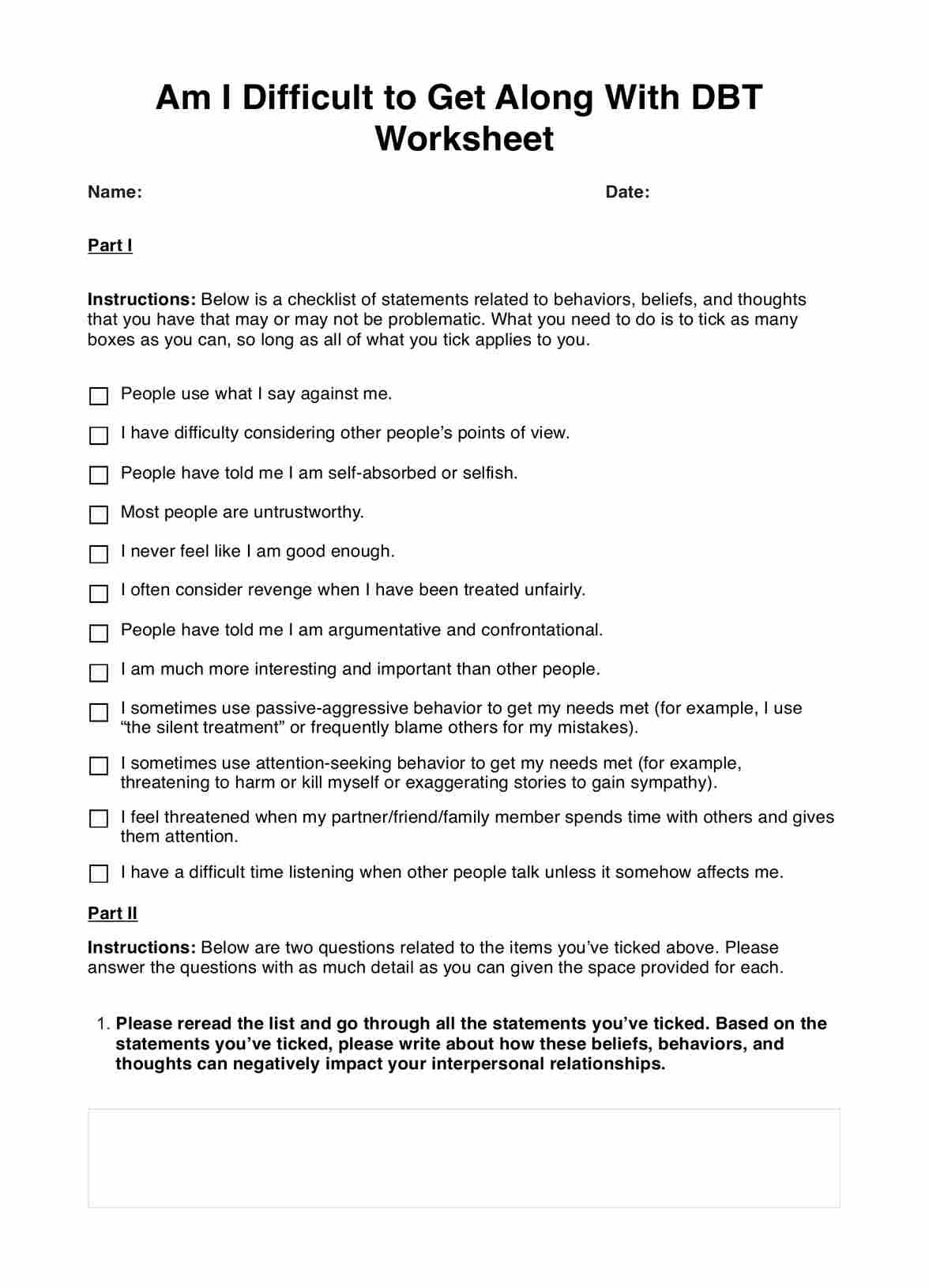 Am I Difficult to Get Along With DBT Worksheet PDF Example