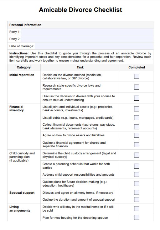 Amicable Divorce Checklist PDF Example