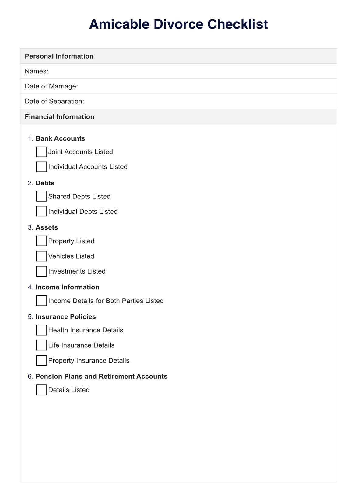 Amicable Divorce Checklist PDF Example