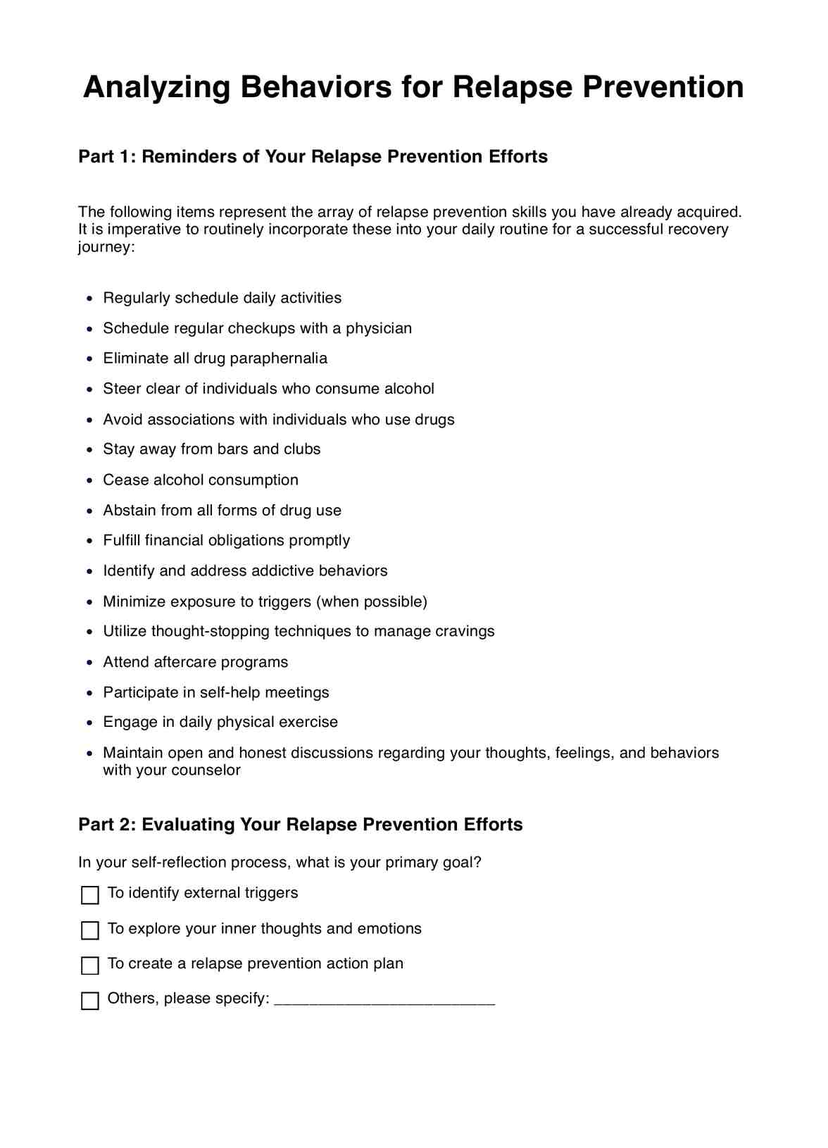 Analyzing Behaviors for Relapse Prevention CBT Worksheet PDF Example