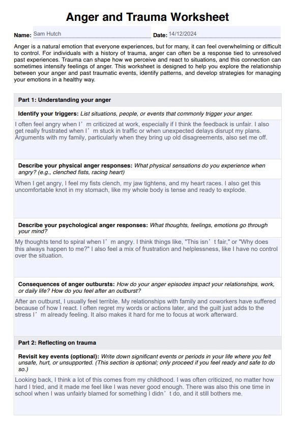 Anger and Trauma Worksheet PDF Example