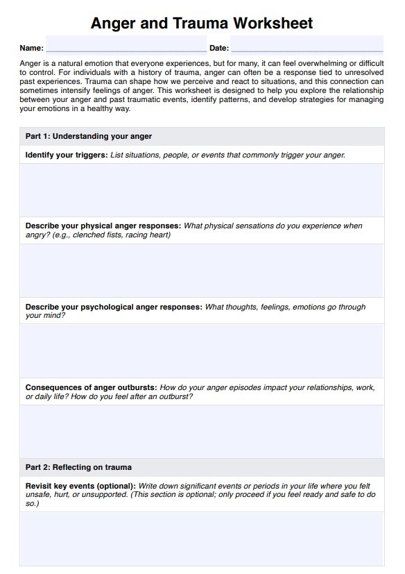 Anger and Trauma Worksheet PDF Example