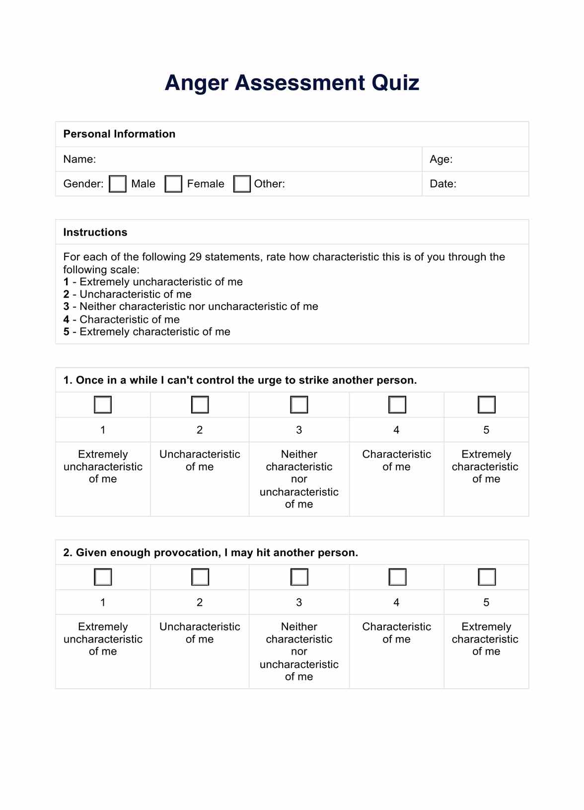 Anger Assessment Quiz PDF Example