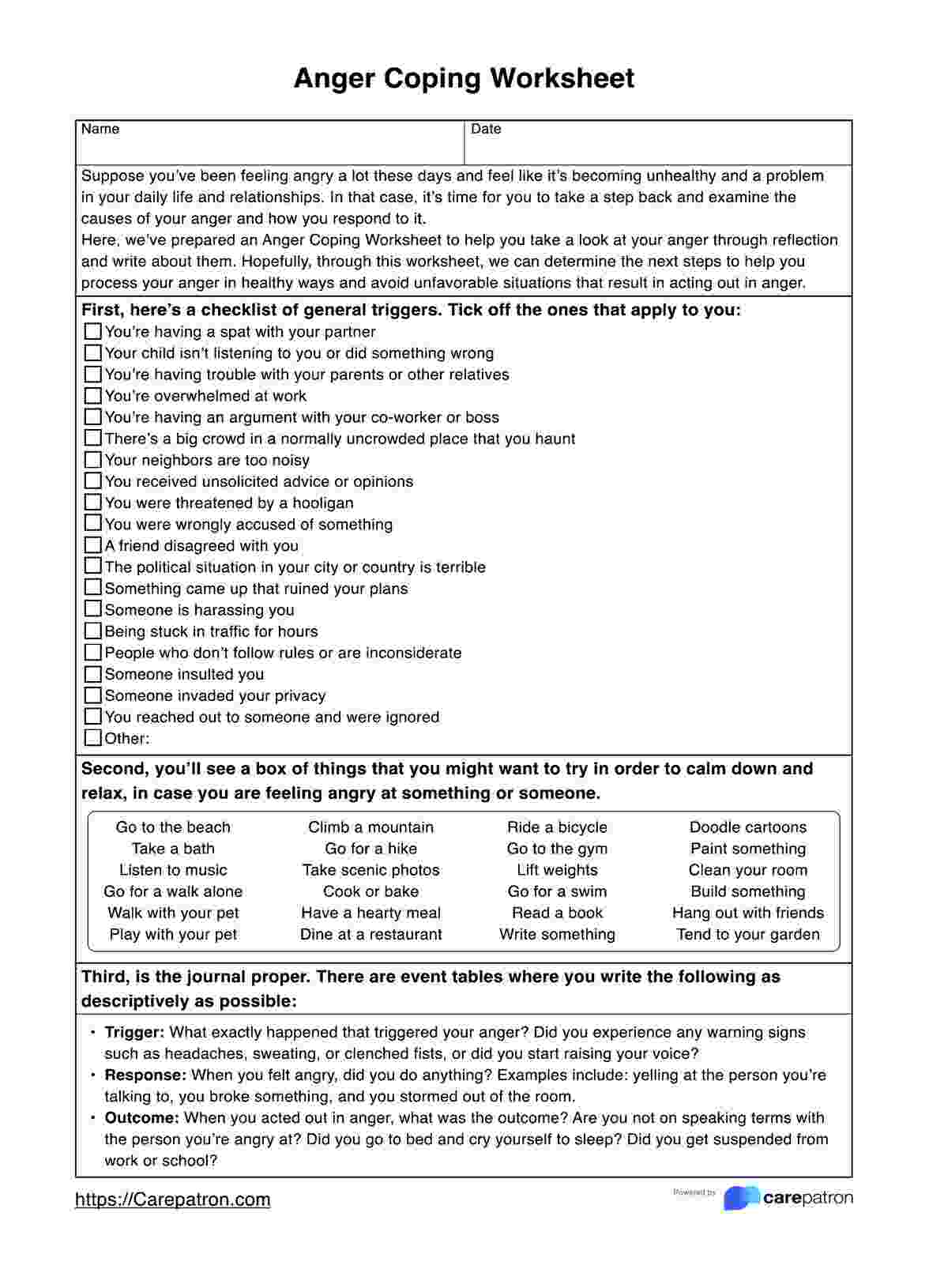 Anger Coping Worksheets PDF Example
