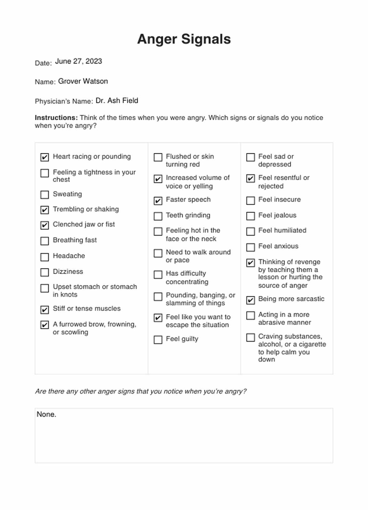 Anger Signals Worksheet PDF Example