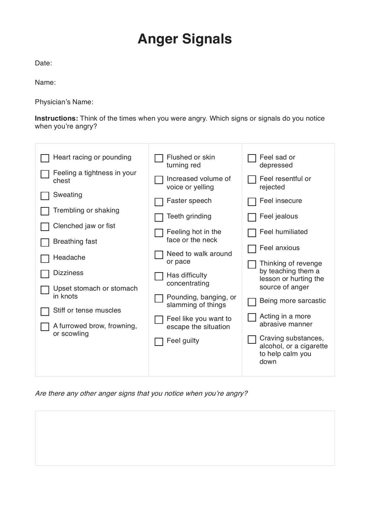 Anger Signals Worksheet PDF Example
