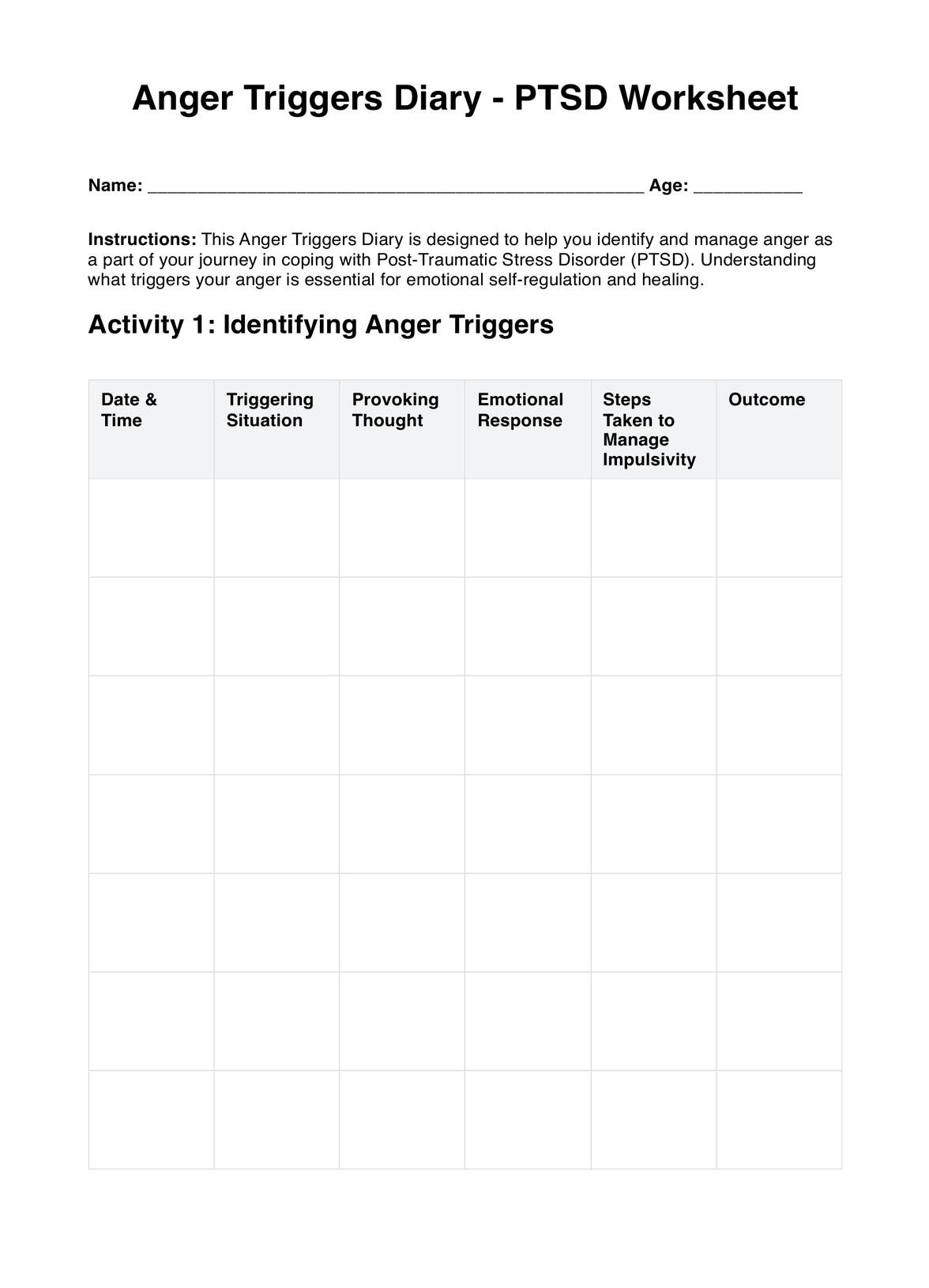 Anger Triggers Diary PTSD Worksheet PDF Example