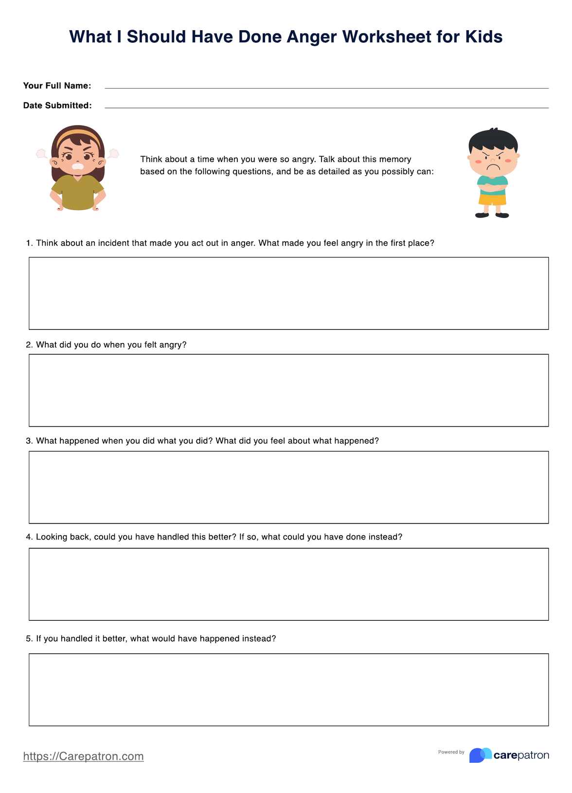 Anger Worksheets For Kids PDF Example