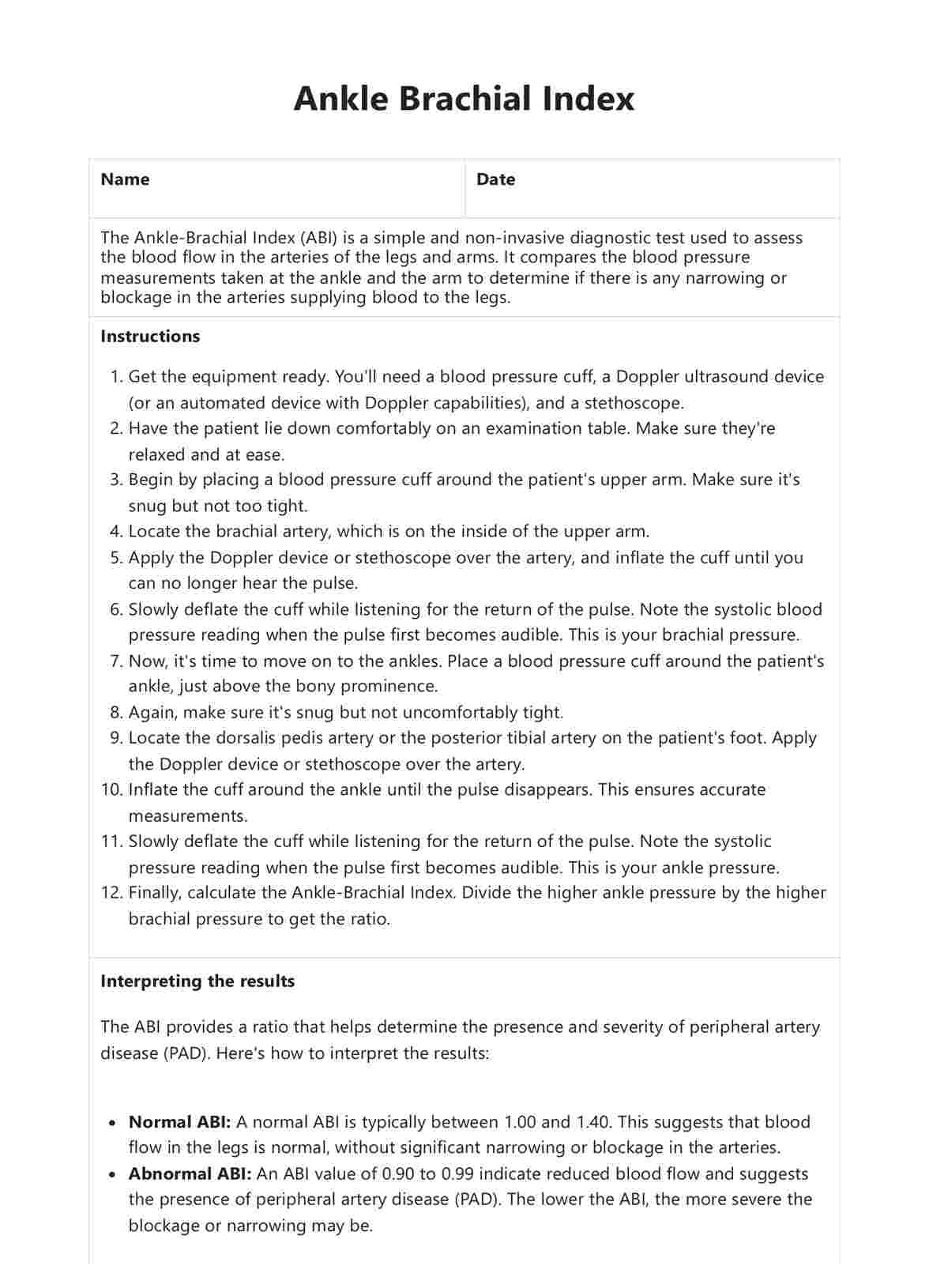 Ankle Brachial Index PDF Example
