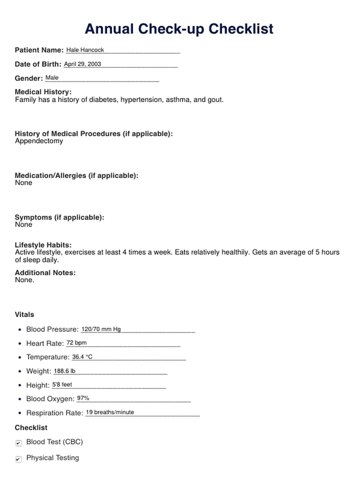 Annual Check-Up Checklist PDF Example